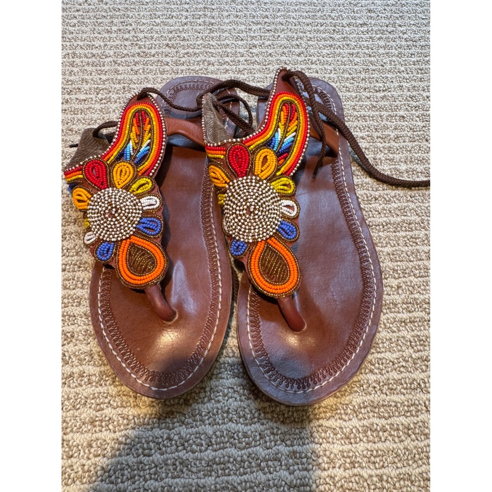 Handmade Kenyan Beaded Leather Sandals‎ Women's Size 41 US 10 Boho Festival